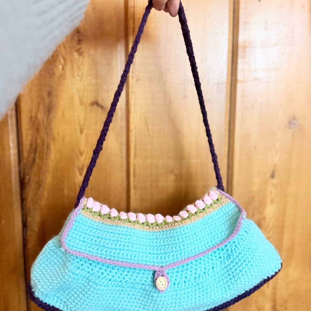 Blue and Purple Crochet Shoulder Bag with Crescent Shape
